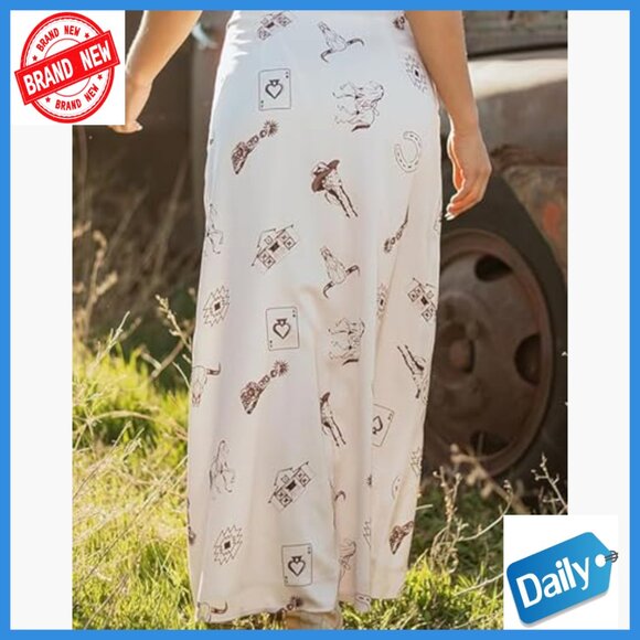 High Waist Maxi Skirt A-Line Western Print Silk Touch Polyester - Picture 3 of 7